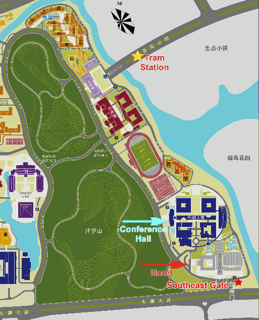南京大学苏州校区会场、酒店与东南门位置示意图